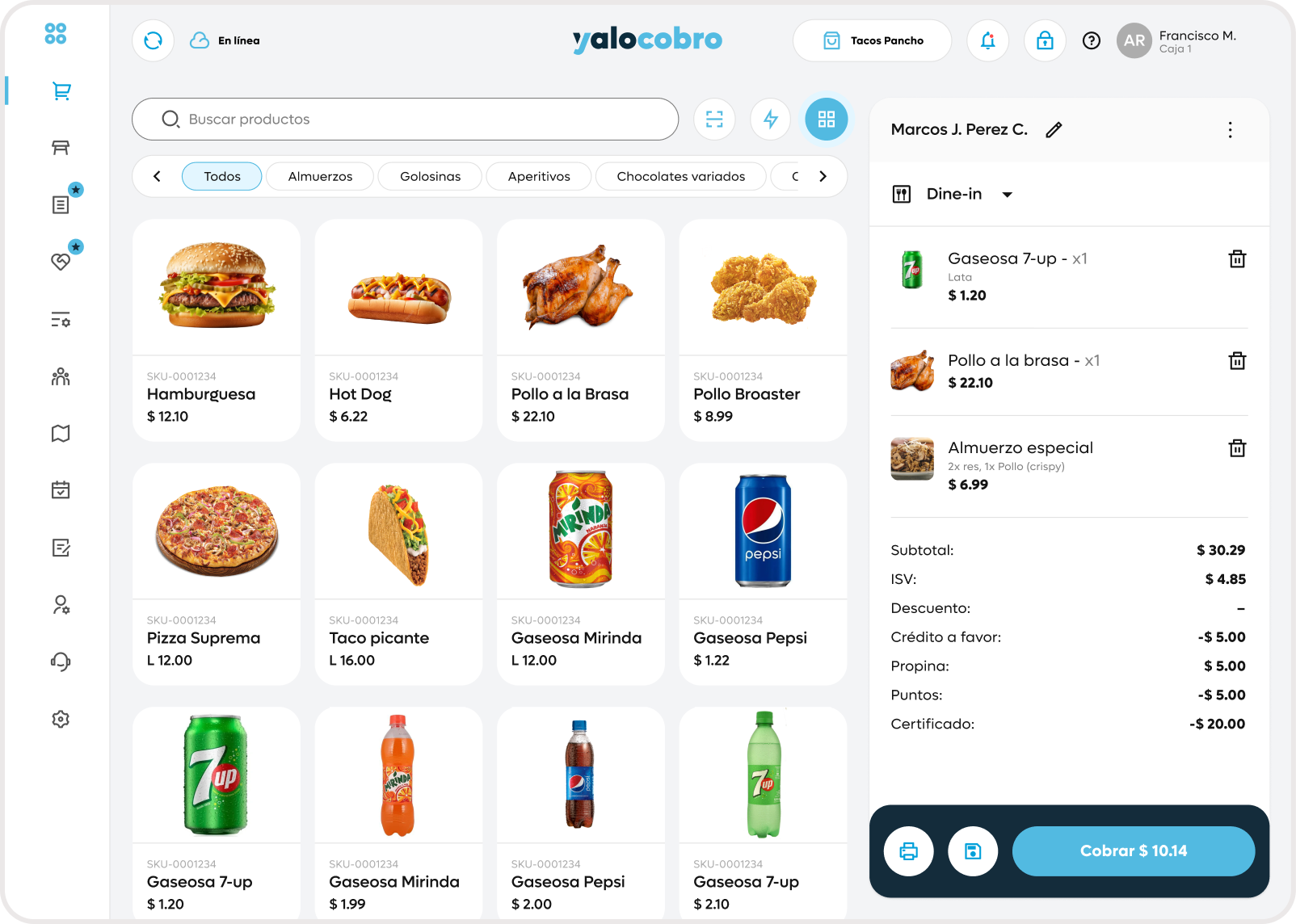 Vista del POS Yalocobro con productos y carrito de venta